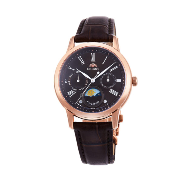 Дамски часовник в розово злато с ден, дата и лунна фаза 35 мм Orient RA-KA0002Y10B