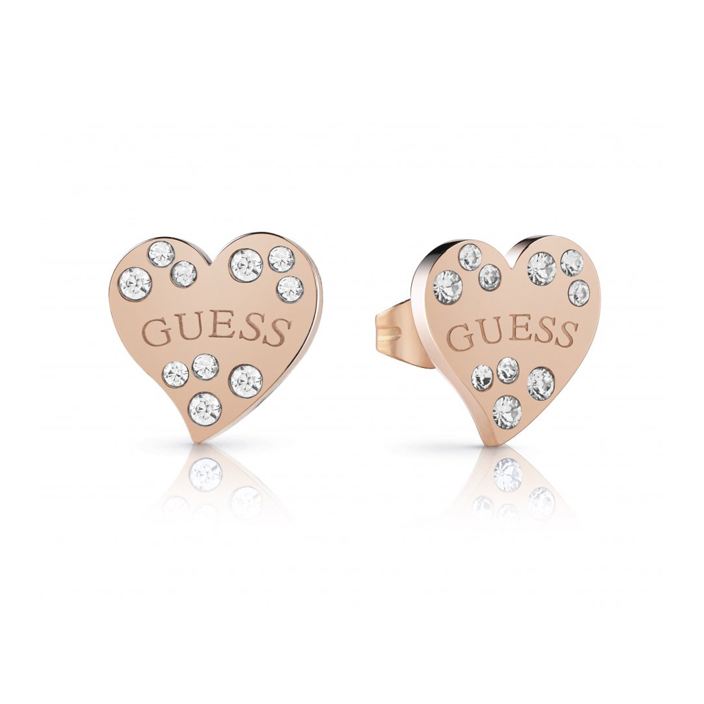 Сърцевидни обеци Guess в розово злато с камъни SWAROVSKI