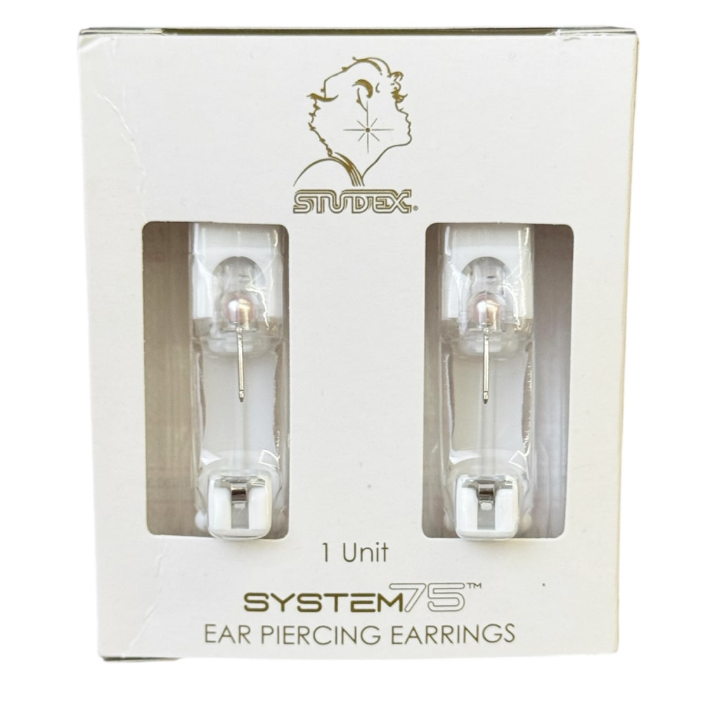 Обков за уши Studex от 14K бяло злато с розов перл, 4 мм - Image 2