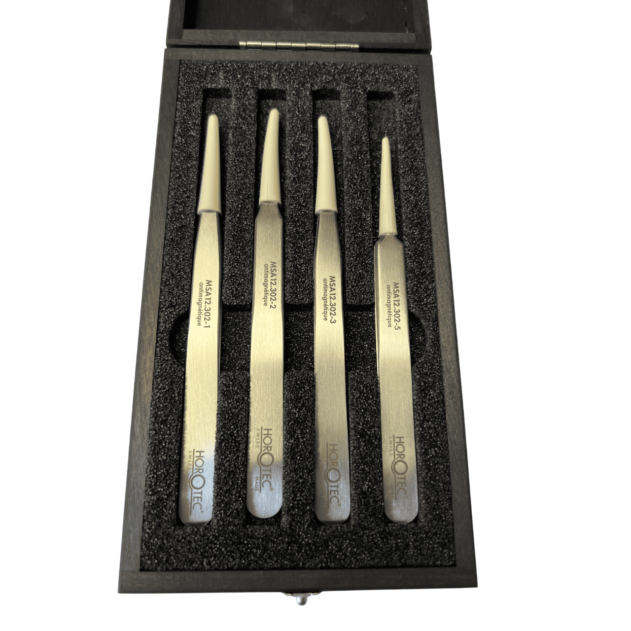 Horotec MSA12.388 Антимагнитни Пинсети Комплект №1, №2, №3, №5 от Неръждаема Стомана 904L в Дървена Кутия