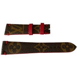 Кожена каишка за часовник Louis Vuitton с монограм, кафява и червена, 20 мм