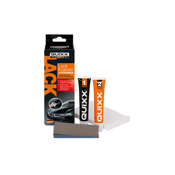 Комплект за премахване на драскотини от боя QUIXX (Ref. 00070) – двустъпкова система за ремонт с ремонт № 1 + финиш № 2, полиращи кърпи и шкурка, произведено в Германия - Image 18
