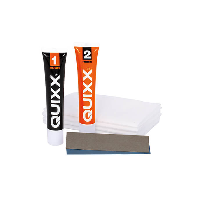 Комплект за премахване на драскотини от боя QUIXX (Ref. 00070) – двустъпкова система за ремонт с ремонт № 1 + финиш № 2, полиращи кърпи и шкурка, произведено в Германия - Image 3