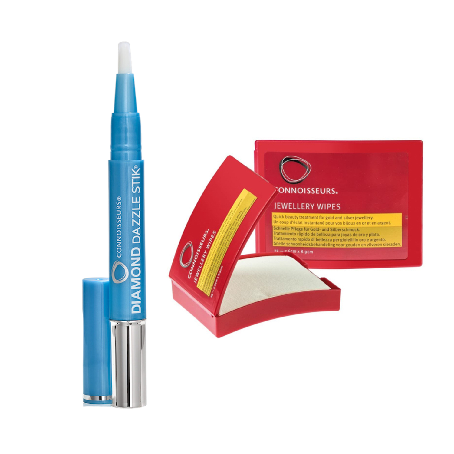 Комплект за почистване на бижута Connoisseurs с влажни кърпички и Diamond Dazzle Stik